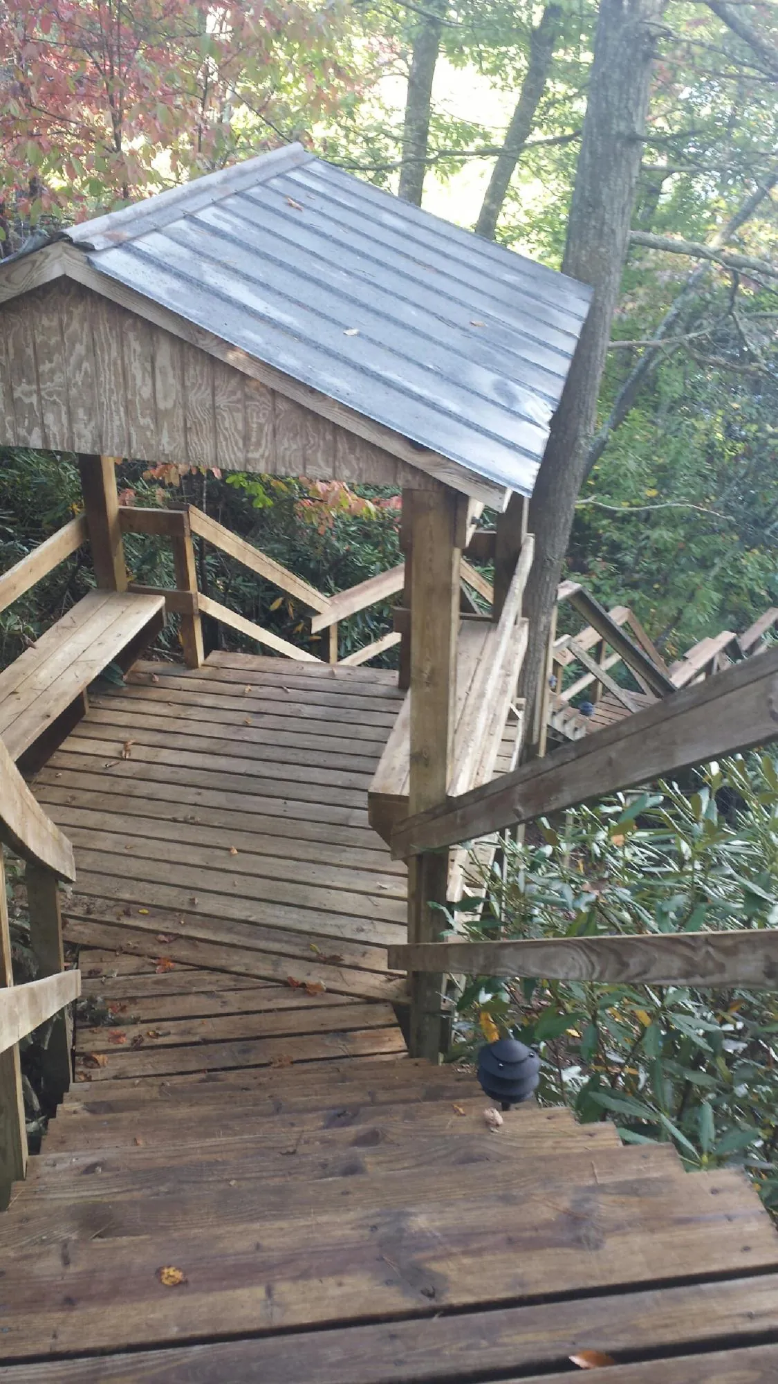 Metal roofed shelter over wooden steps on a wooded walkway — Skylight Repair & Installation work by our crew in Terrell